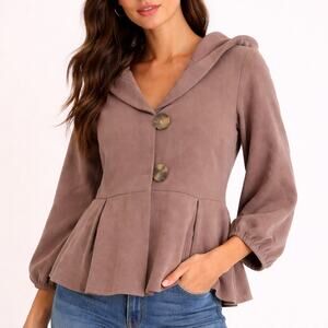 Anthro Allihop Julia Hoodie Peplum Jacket Brown Button Front Size Medium